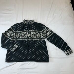 Lands' End Snowflake‎ Holiday Sweater Girls M 10-12 Quarter Zip Green Winter Ski